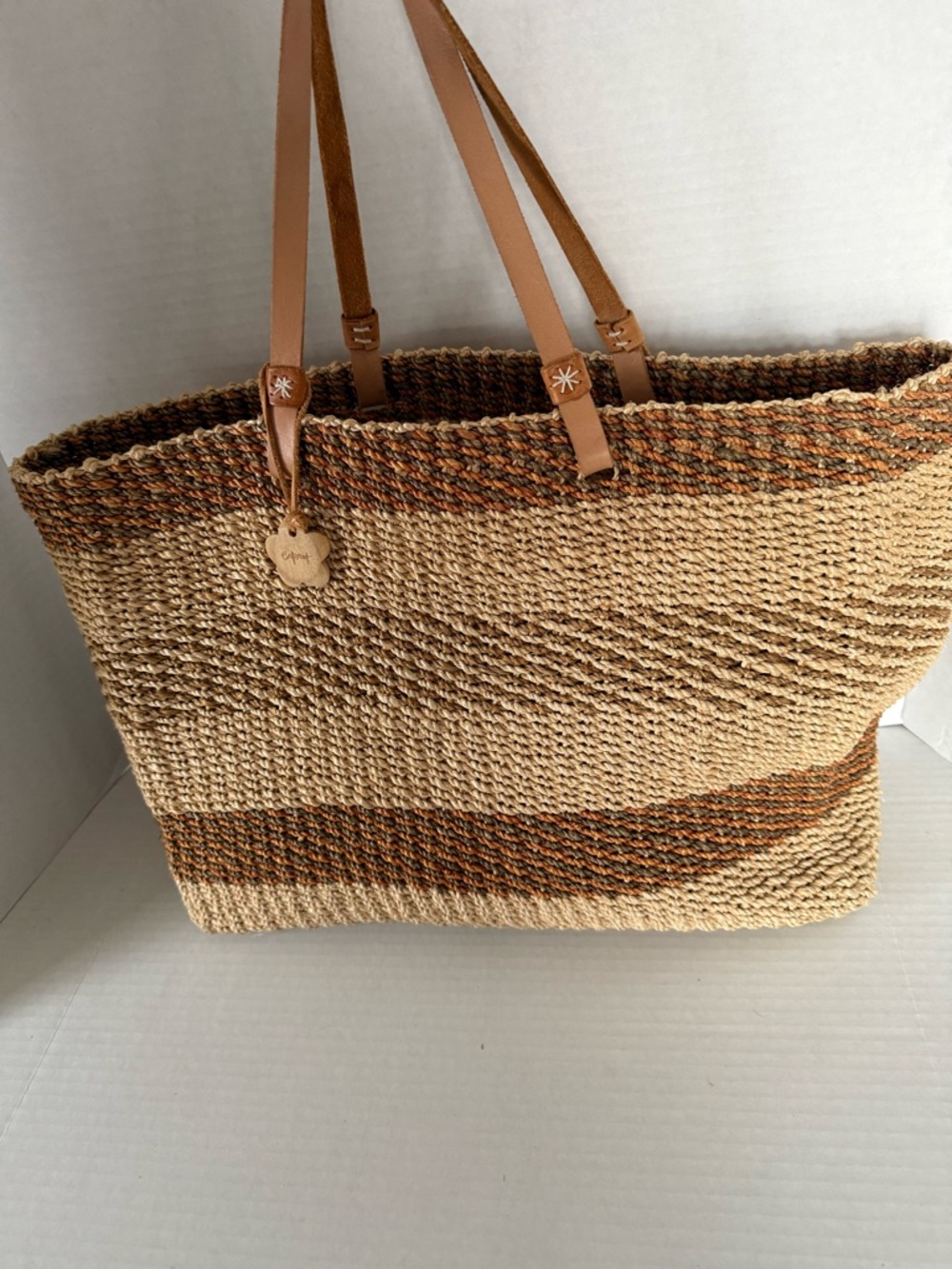 Esprit Natural and Brown Woven Tote with Tan Leather Straps